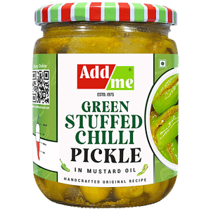 Add Me Green Stuffed Chilli Pickle In Mustard Oil Spicy 500 G Bottle