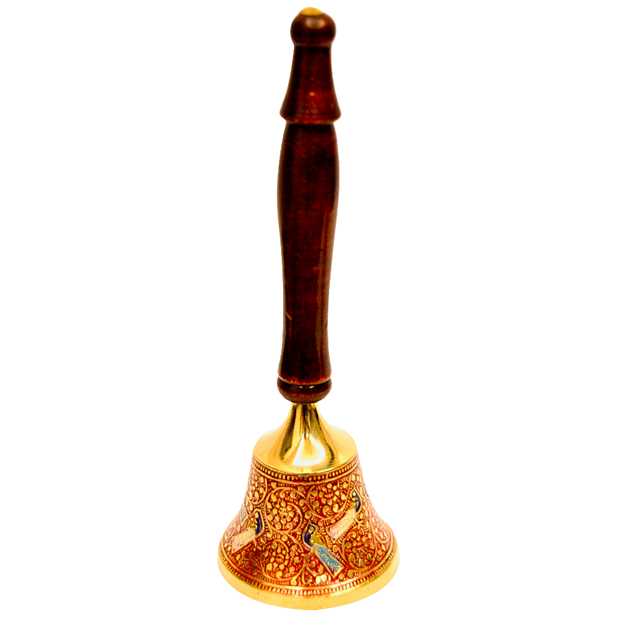 Decan Brass Mandir Bell With Wooden Handle Elegant Premium Durable Red 200 G