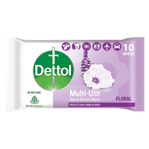 Dettol Disinfectant Sanitizer Wet Wipes For Skin Surfaces Moisture Lock Floral 10 Pcs