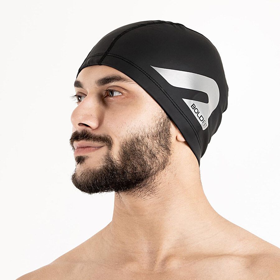 Boldfit Swimming Cap For Men Pu Swimming Caps For Women Unisex Swim Cap For Boys Girls Swimming Cap For Women Long Hair Swimming Head Cap Men Swim Cap Easy Fit Black 1 Pc