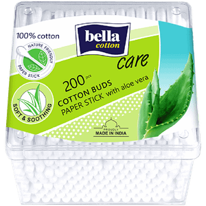 Bella Cotton Buds With Paper Stick Aloe Vera Extract Highly Absorbent For Sensitive Skin 200 Pcs Box