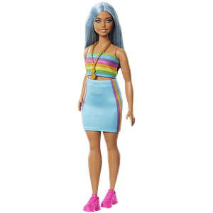 Barbie Fashionistas Doll 218 With Long Blue Hair Rainbow Top Teal Skirt 1 Pc