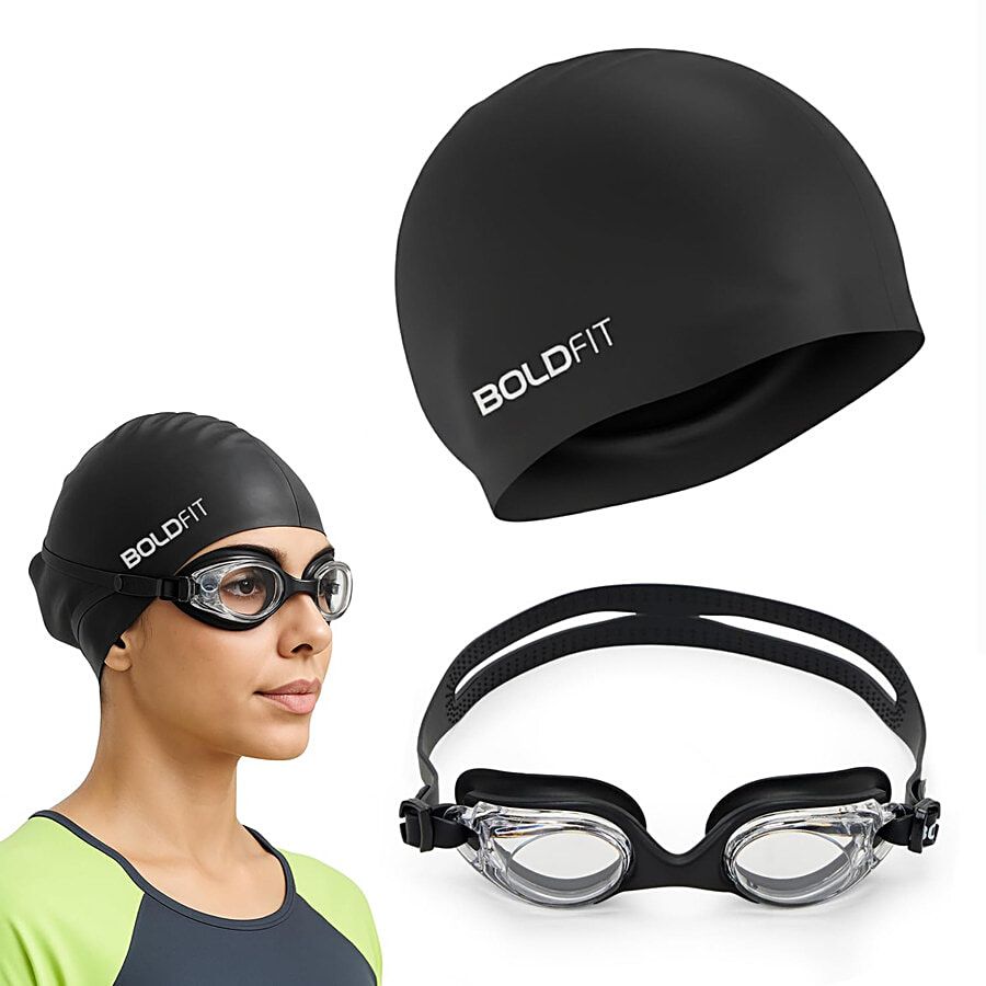 Boldfit Swimming Cap Goggles Set For Men Women Silicone Cap Anti Fog Goggles Black 2 Pcs