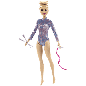 Barbie Rhythmic Gymnast Blonde Doll With Colourful Metallic Leotard 2 Clubs Ribbon Accessory 1 Set