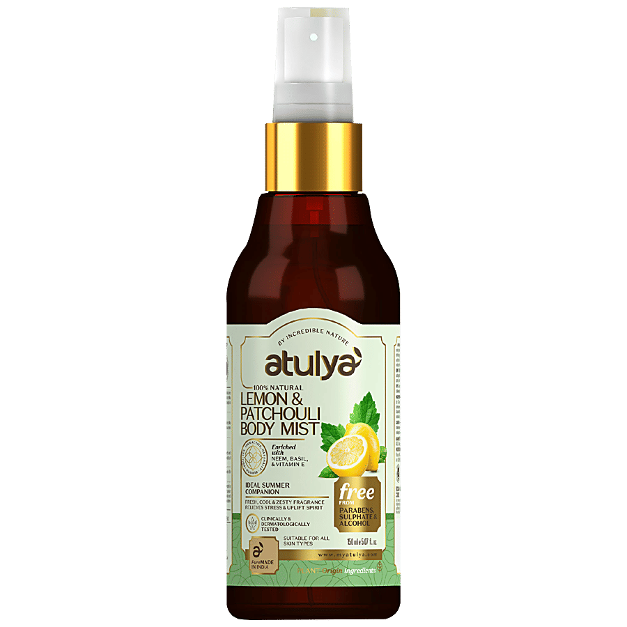Atulya Lemon Patchauli Body Mist With Neem Vitamin E Relieves Stress Uplift Spirit 150 Ml