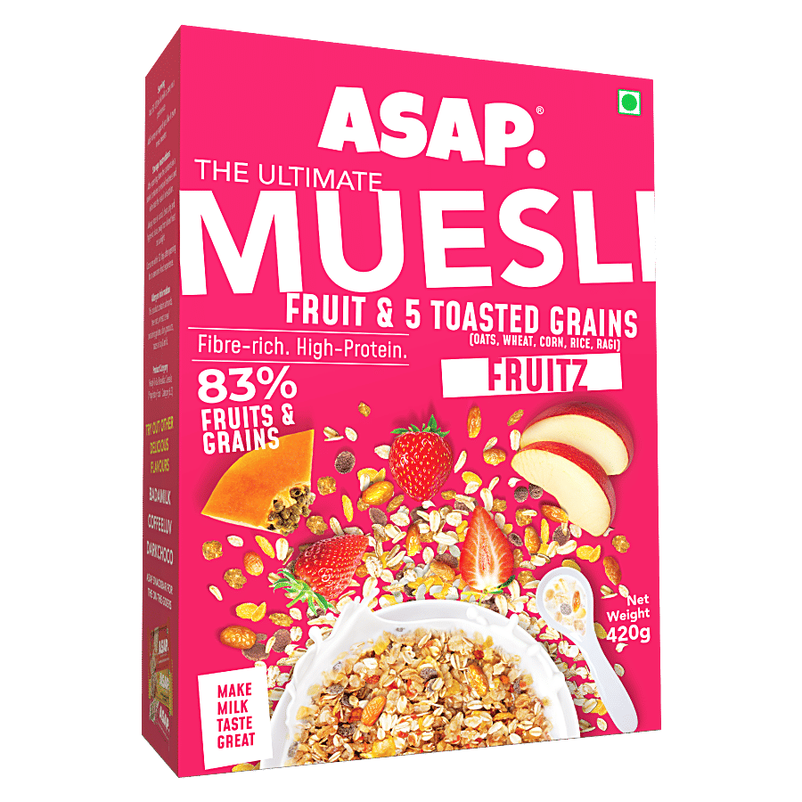 Asap Muesli Wholegrain Breakfast Rich In Fibre Protein Zero Sugar Added Fruitz 420 G