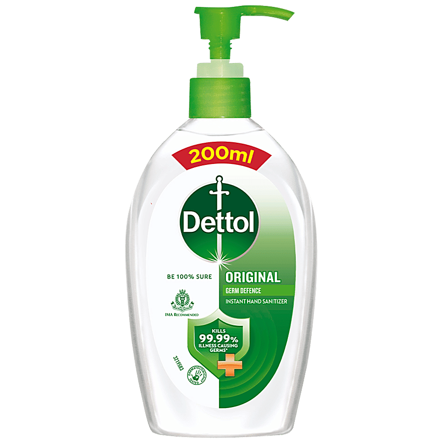 Dettol Instant Hand Sanitizer Liquid Gel Original Kills Germs Alcohol Based Non Sticky 200 Ml Bottle