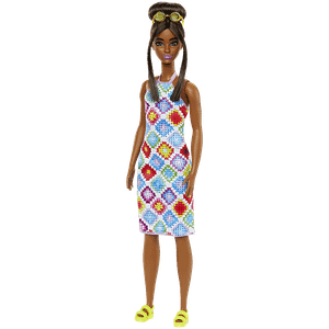 Barbie Fashionistas Doll 210 With Brown Hair In Bun Wearing Colourful Crochet Halter Dress Sunglasses Sandals 1 Pc