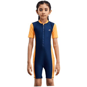 Boldfit One Piece Swimsuit Zipper Knee Length Kids Swim Wear Girls Blue Orange 1 Pc